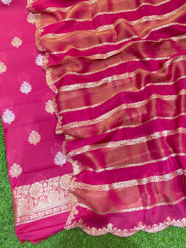 Pure Banarasi Chanderi Silk Daman Woven Unstitched Suit With Pure Banarasi Organza Tissue Stripe Dupatta.