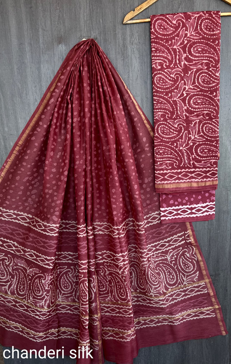 Pure Hand Block Chanderi Silk Unstitched Suit.