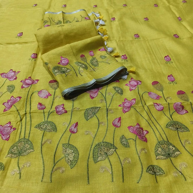 Pure Cotton Linen bhagalpuri Embroidered work Unstitched Suit.