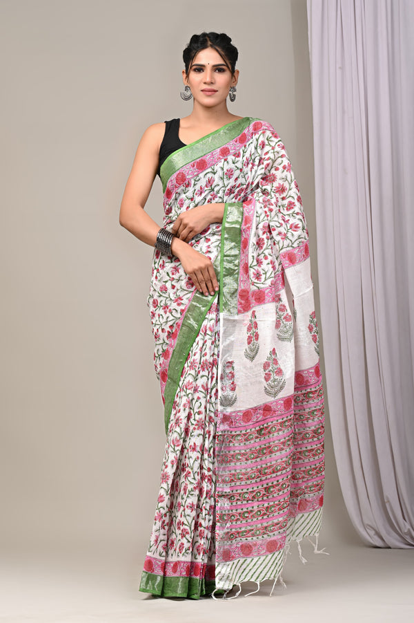 Hand Block Print Linen Saree with Blouse .