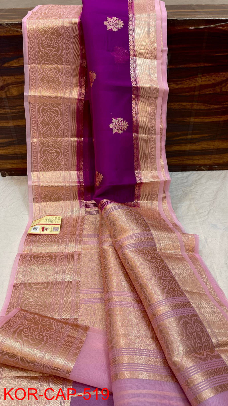 Pure Banarasi Kora Organza Silk Handwoven Zari Work Saree With Silk Mark Certificate ( Length- 6.3 Meter )