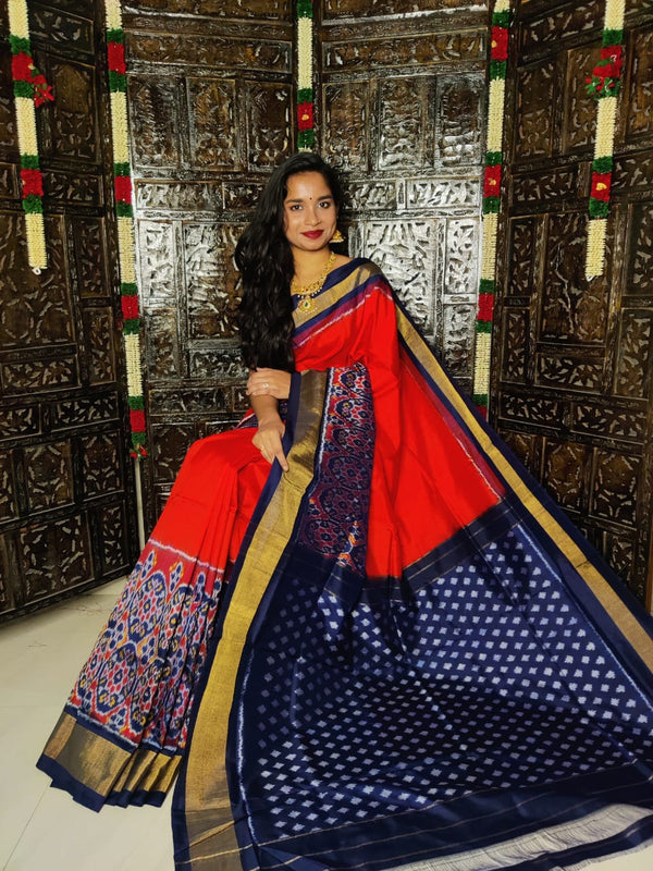 Pure Pochampally Ikkat Silk Saree With Blouse Pthani Pattern  Border.