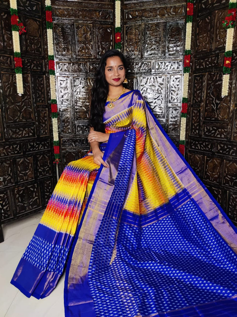 Pure Pochampally Ikkat Silk Saree With Blouse Pthani Pattern  Border.