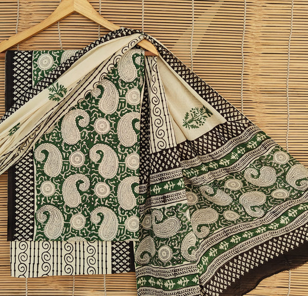 Pure Cotton Hand-Block Print unstitched suit with cotton dupatta .