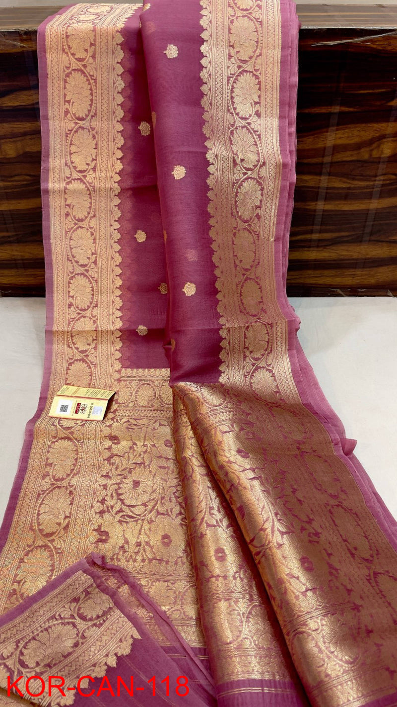 Pure Banarasi Kora Organza Silk Handwoven Zari Work Saree With Silk Mark Certificate ( Length- 6.3 Meter )