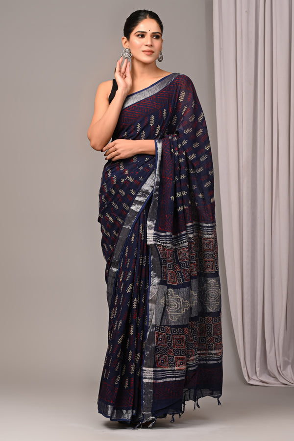 Hand Block Print Linen Saree with Blouse .