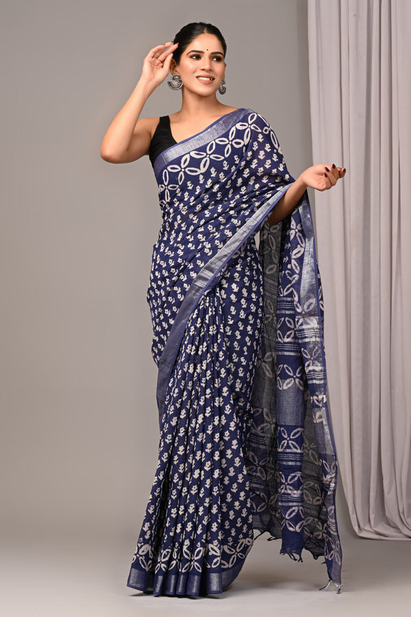 Hand Block Print Linen Saree with Blouse .