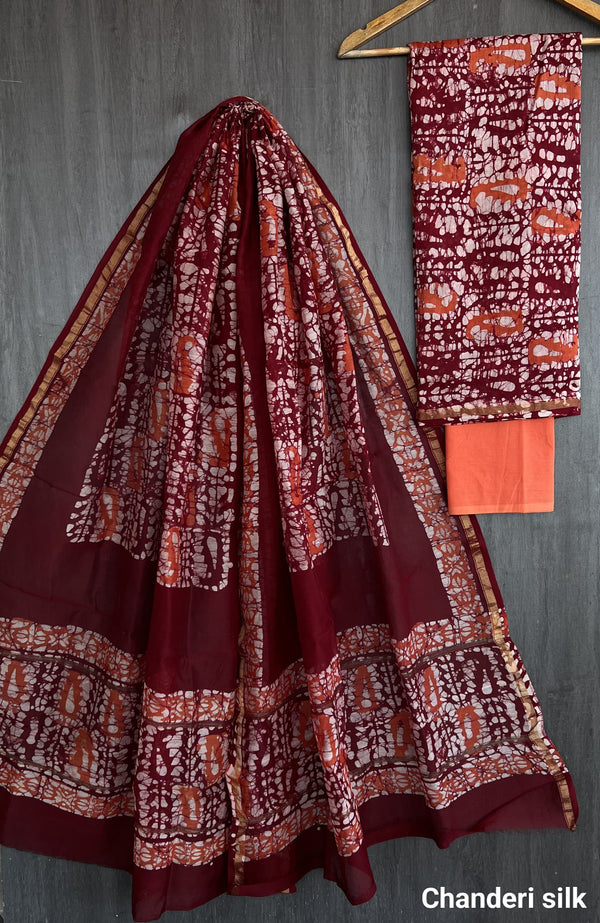 Pure Hand Block Chanderi Silk Unstitched Suit.