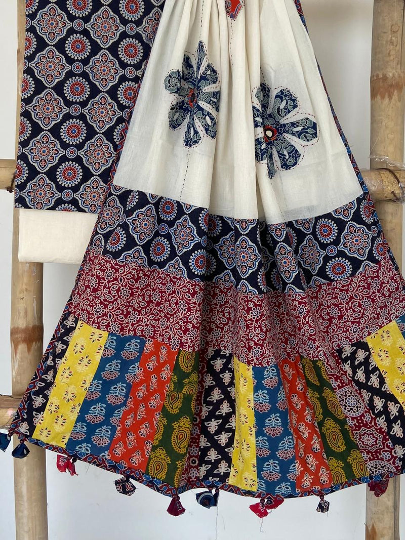 Pure Cotton Azrakh Print Unstitched suit With patch work Dupatta.