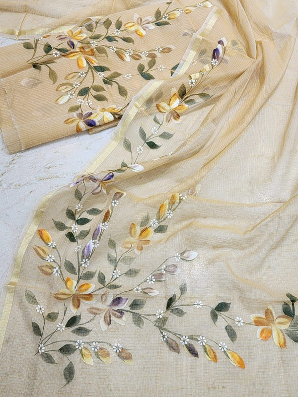 Pure Kota Doria Hand Brush Print Work Unstitched Suit with Dupatta