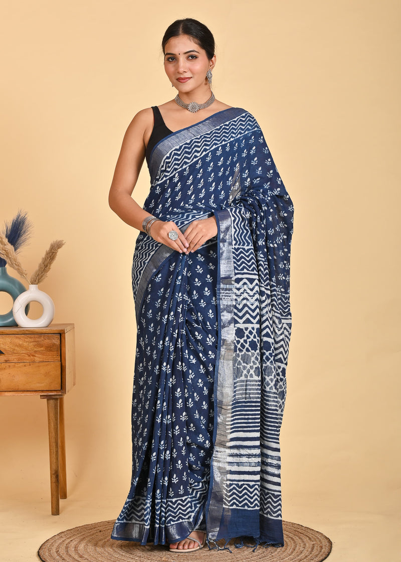 Hand Block Print Linen Saree with Blouse .