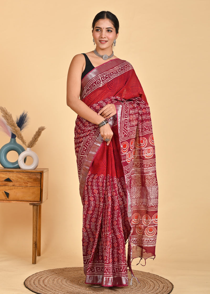 Hand Block Print Linen Saree with Blouse .