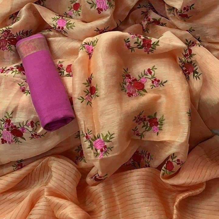 Pure Silk Linen By Linen Saree with Embroidery Work.( length- 6.3 meter )