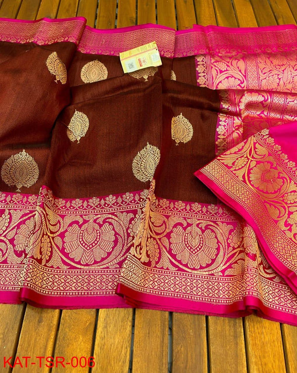 Handwoven Pure Banarasi Tussar Silk Saree With Antique Zari Work.