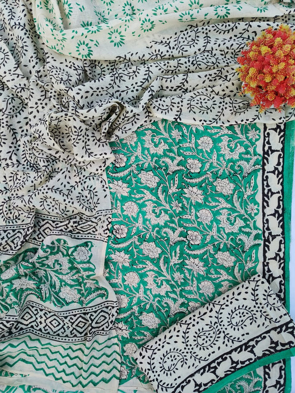 Pure Cotton Hand-Block Print unstitched suit with cotton dupatta .