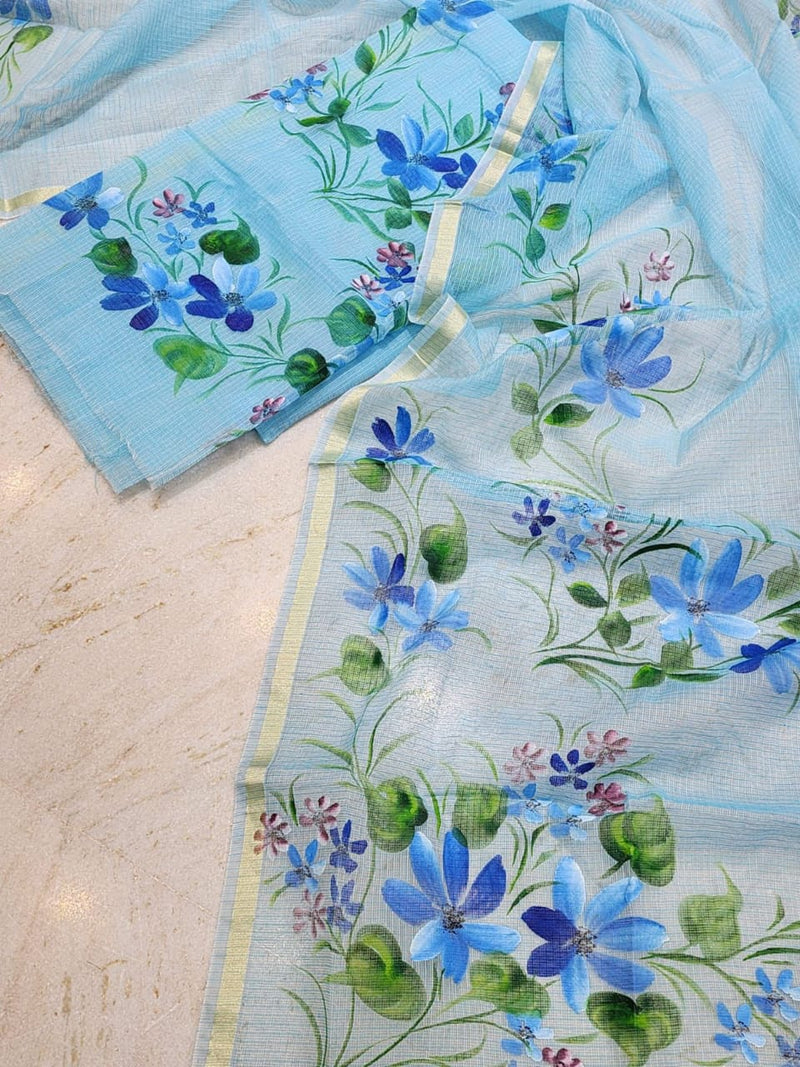 Pure Kota Doria Hand Brush Print Work Unstitched Suit with Dupatta