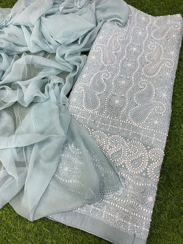 Pure Cotton Chikankari Hand & Pearl CutDana ,Sequence Work Unstitched Suit.