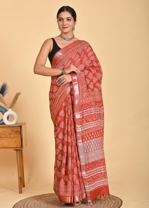 Hand Block Print Linen Saree with Blouse .