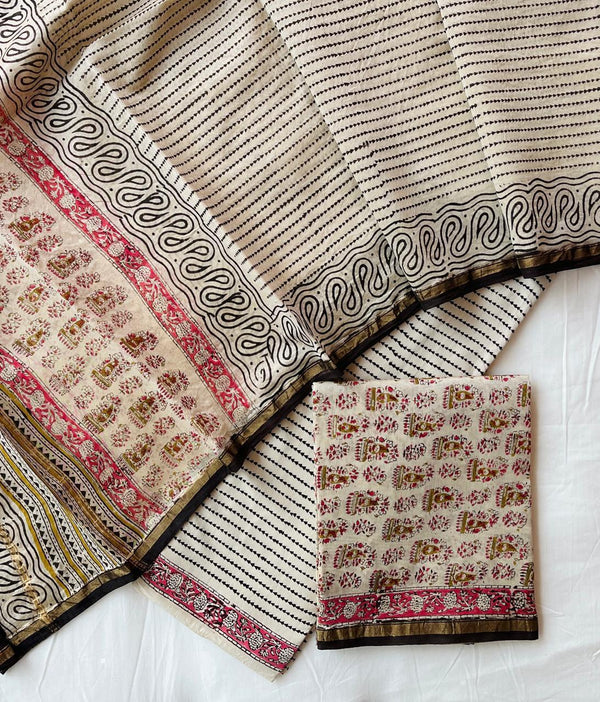 Pure Hand Block Chanderi Silk Unstitched Suit .