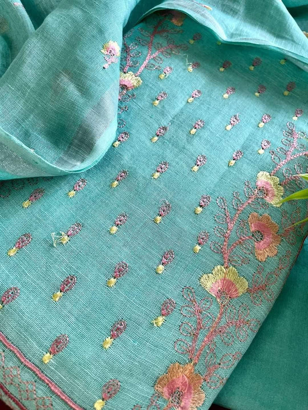 Bhagalpuri Cotton Linen Embroidery Unstitched suit.