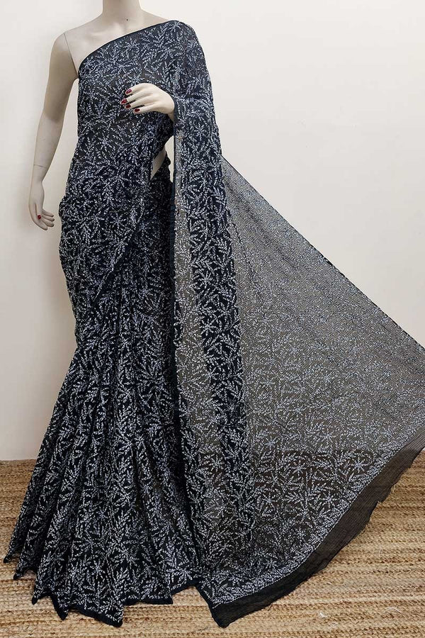 Pure Chiffon Georgette Handwork Chikenkari Tepchi Jaal Work Saree.