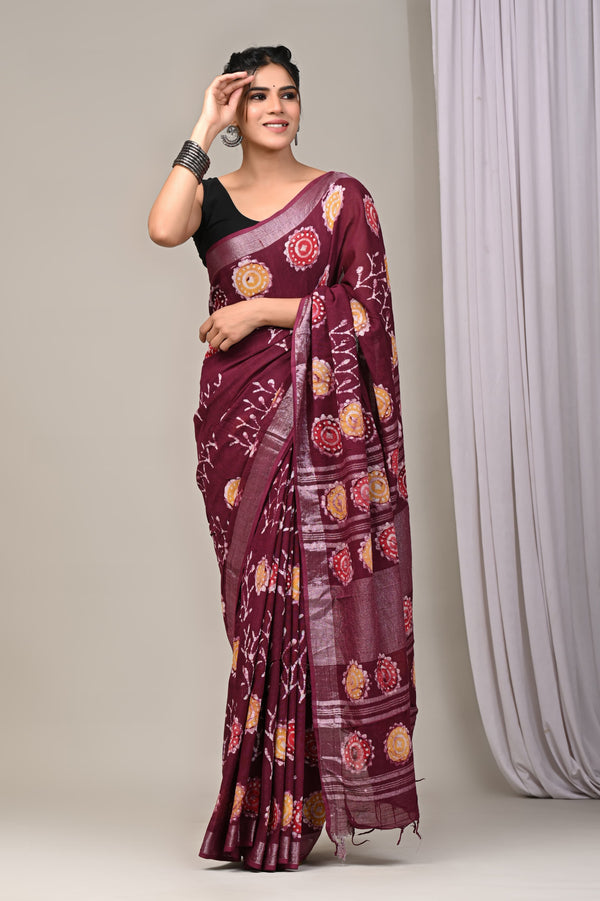 Hand Block Print Linen Saree with Blouse .