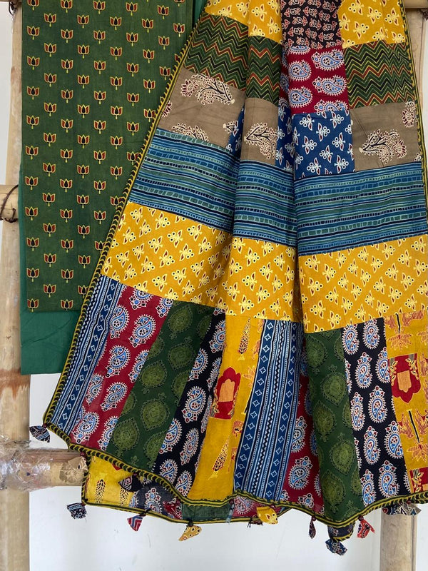 Pure Cotton Azrakh Print Unstitched suit With Patch Work Dupatta.