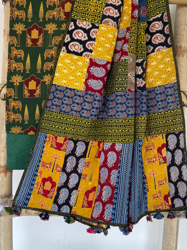 Pure Cotton Azrakh Print Unstitched suit With Patch Work Dupatta.