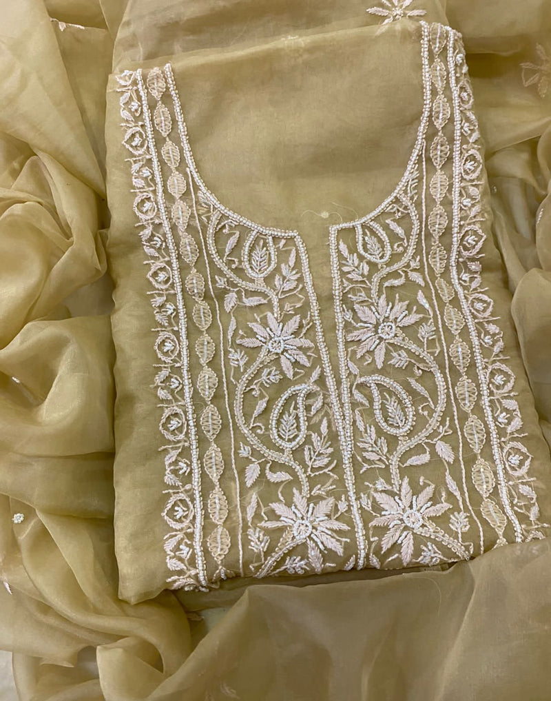 Pure Organza Chikankari Hand Work Unstitched Suit with Pearl Work