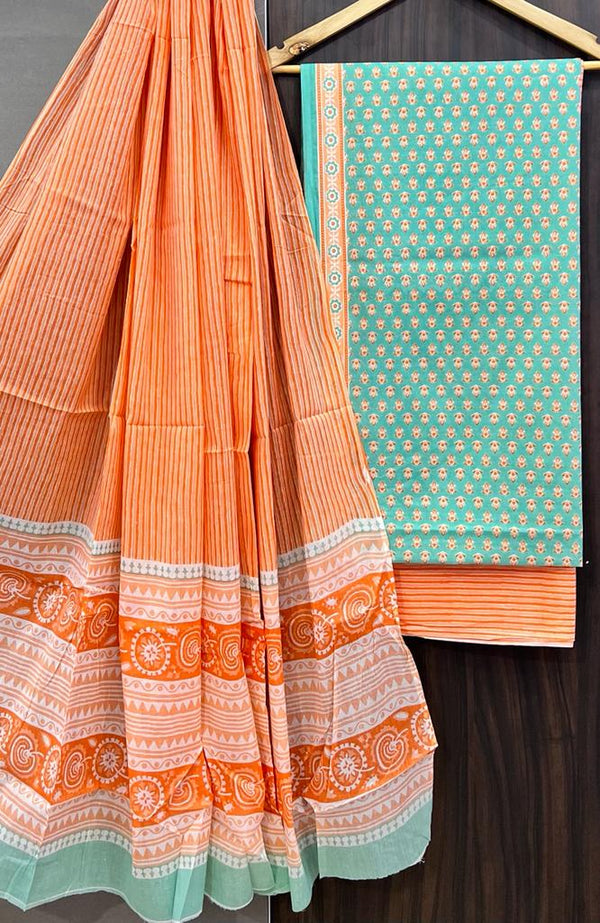 Pure Cotton  Hand Block Print Unstitched Suit With cotton Dupatta.