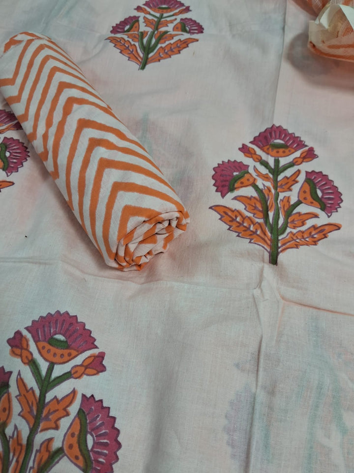 Pure Cotton Hand Block Unstitched Suit With kota Doriya Dupatta .