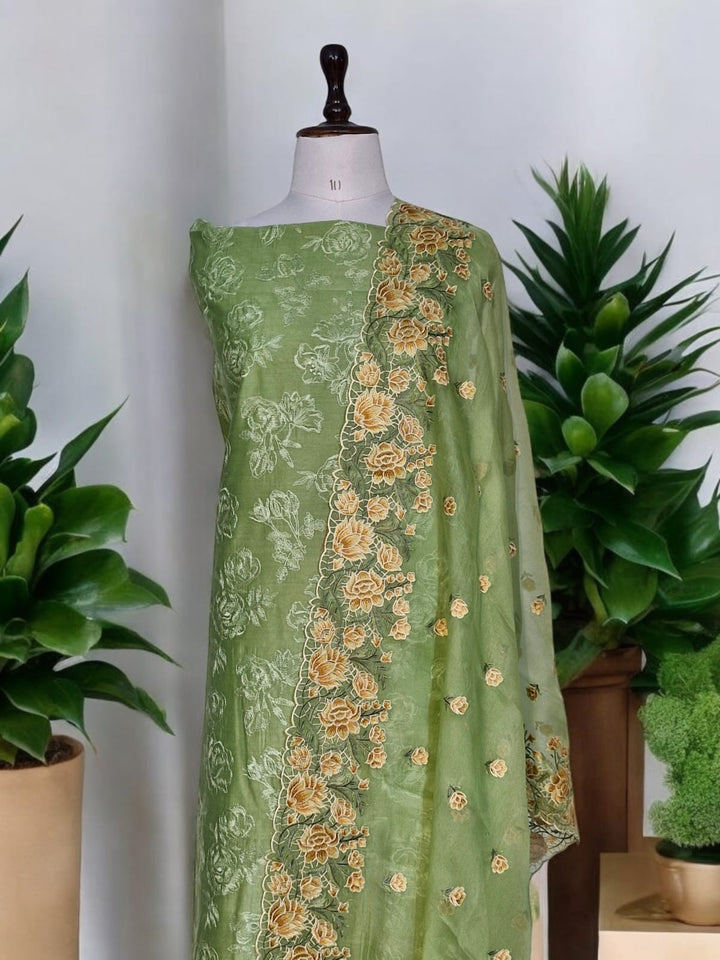 Pure Banarasi Chanderi Silk  Embroidered Unstitched Suit With Pure Organza Silk Dupatta.