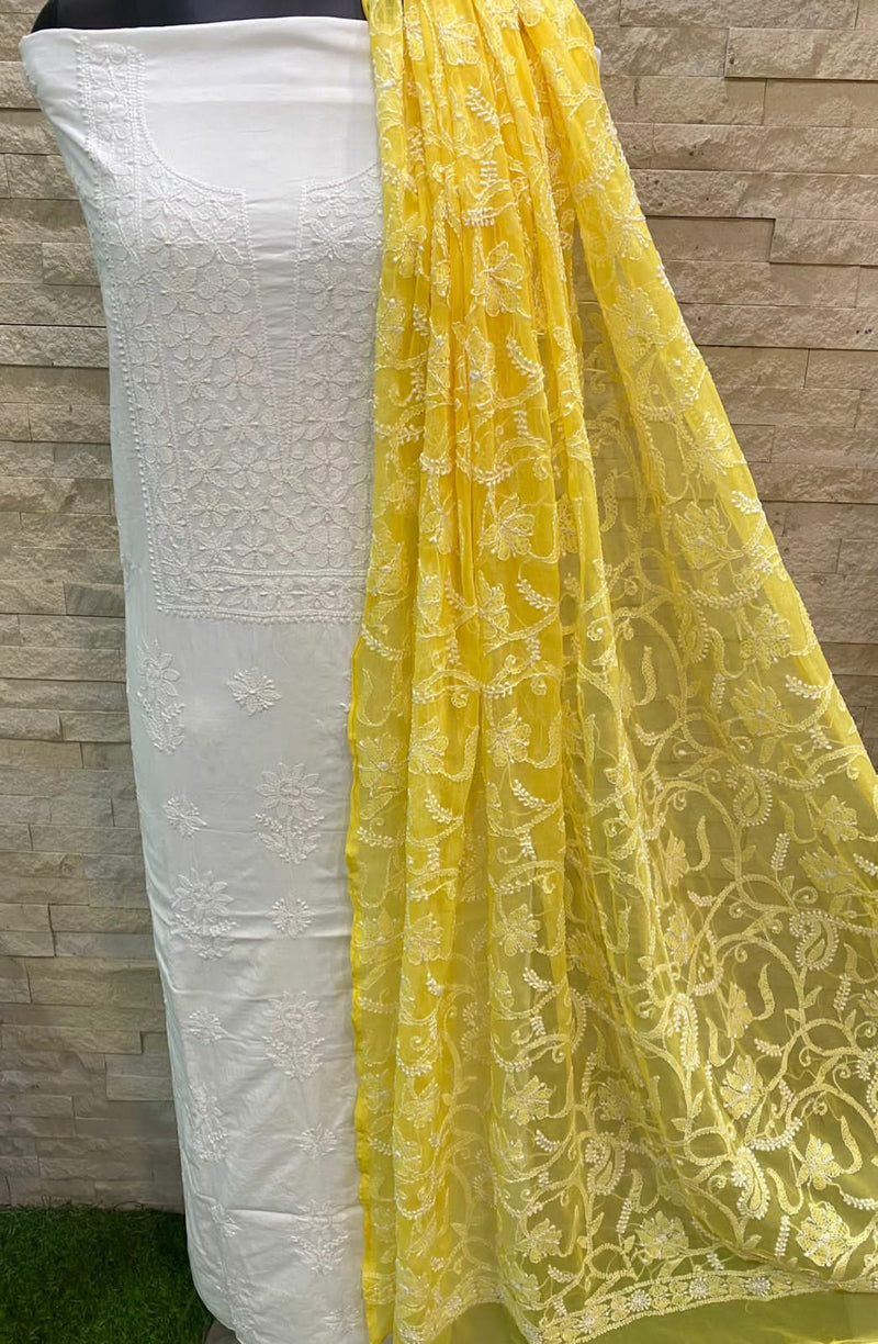 Pure MulMul Cotton Chikankari Unstitched Suit With Chikankari Hand Embroidery Jaal Dupatta .