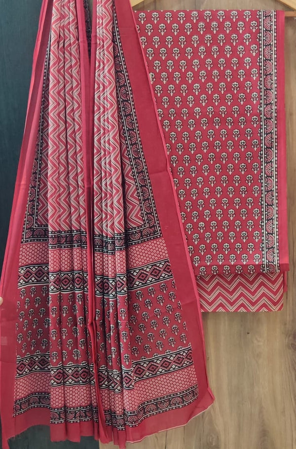 Pure Cotton  Hand Block Print Unstitched Suit With cotton Dupatta.