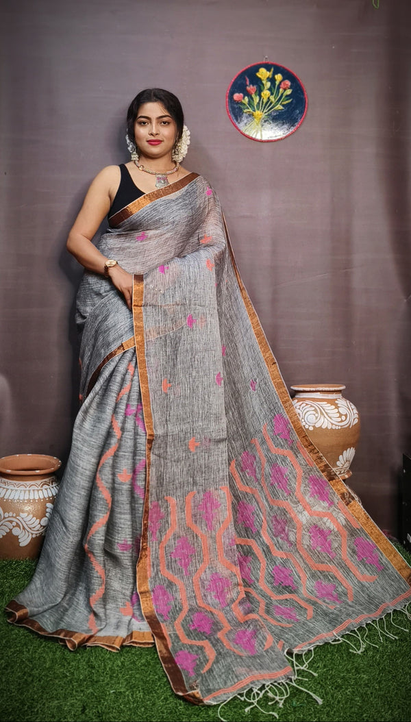 Pure Tissue Linen Silk Weaving Work Saree With Blouse.