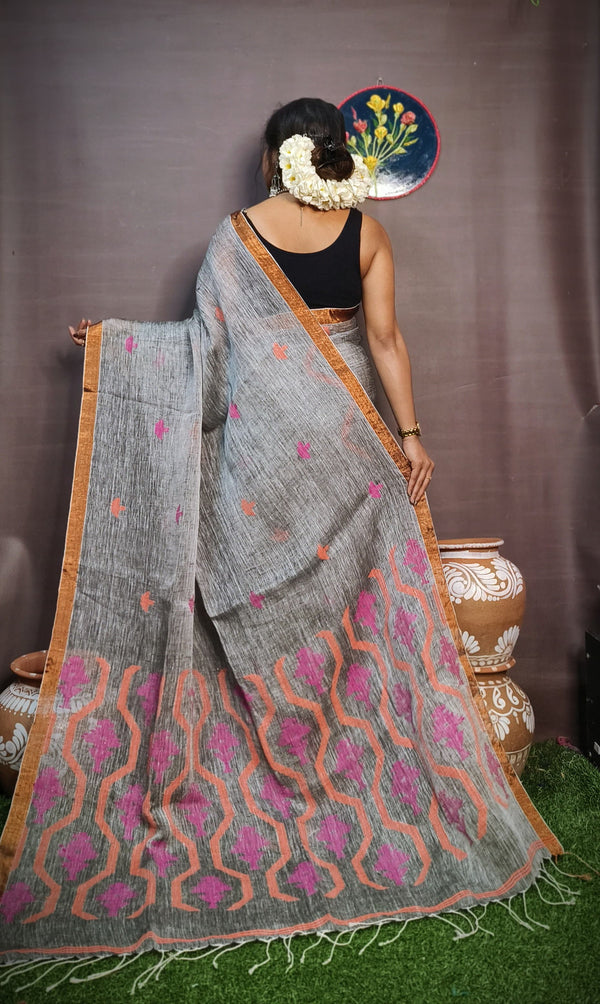 Pure Tissue Linen Silk Weaving Work Saree With Blouse.