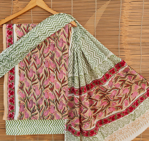 Pure Cotton Hand-Block Print unstitched suit with cotton dupatta .