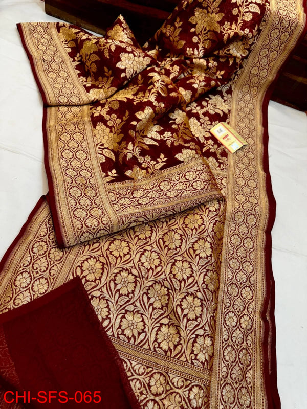 Pure Banarasi Handloom Khaddi Georgette Silk Saree With Beautiful Antique Zari Work