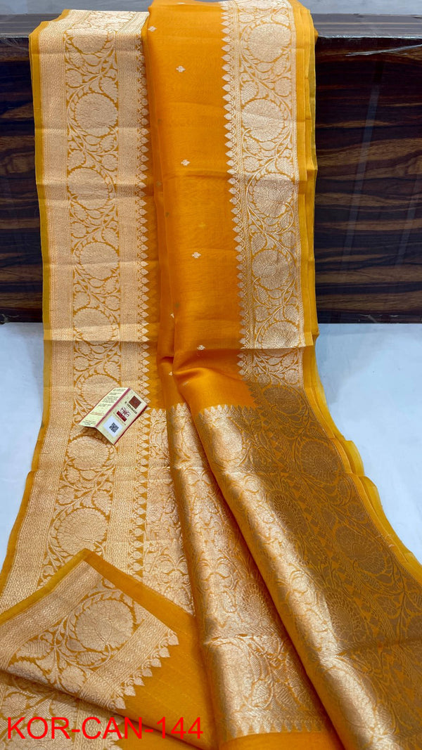 Pure Banarasi Kora Organza Silk Handwoven Zari Work Saree With Silk Mark Certificate ( Length- 6.3 Meter )