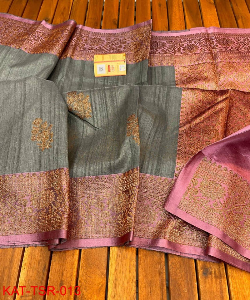 Handwoven Pure Banarasi Tussar Silk Saree With Antique Zari Work.