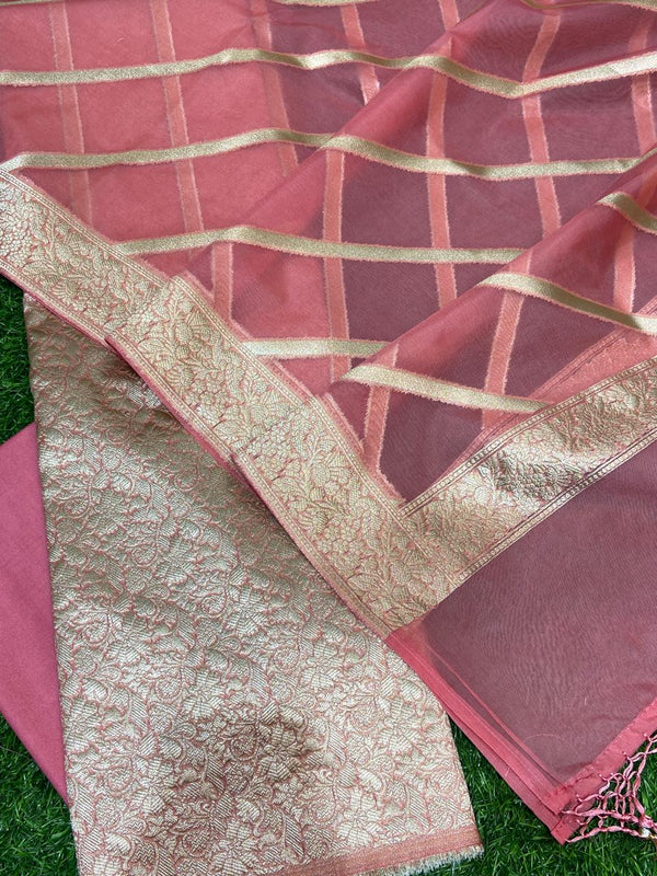 Pure Banarasi Soft Brocade Zari Weaved Unstsiched Suit With Organza Zari weaved Dupatta.