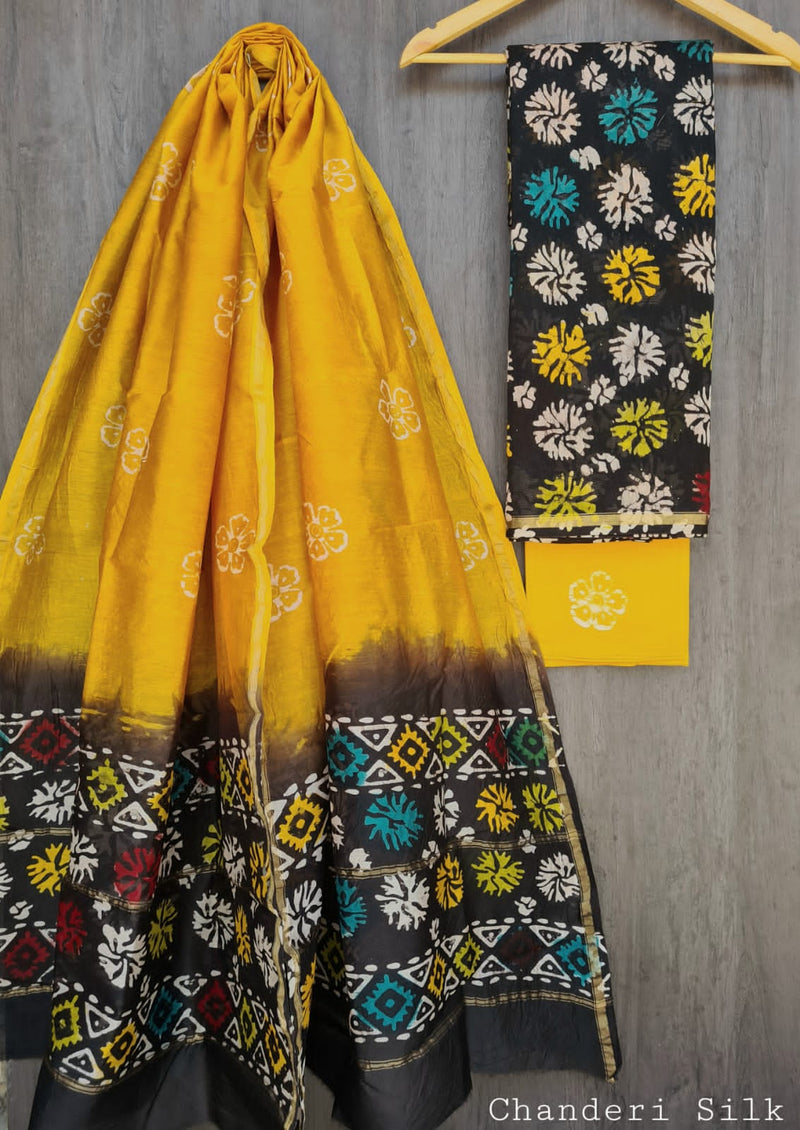 Pure Hand Block Chanderi Silk Unstitched Suit.