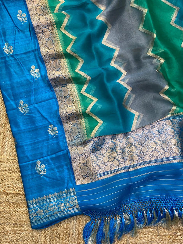 Pure Banarasi Handloom Raw Silk Zari Work Unstitched Suit With Organza Khhadi Dupatta.