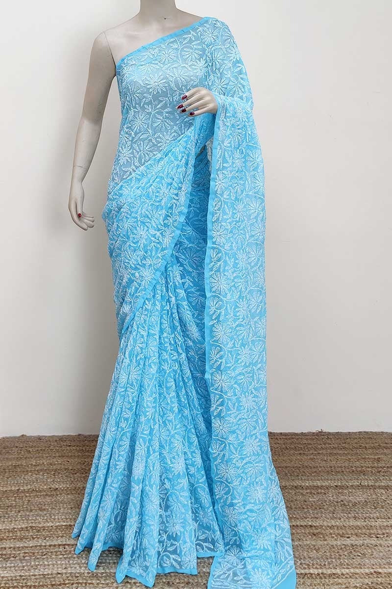 Pure Chiffon Georgette Handwork Chikenkari Tepchi Jaal Work Saree.