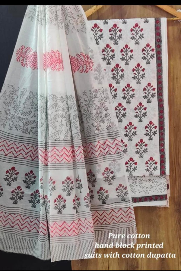 Pure Cotton  Hand Block Print Unstitched Suit With cotton Dupatta.