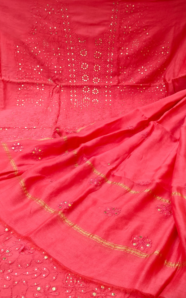 Pure Chanderi Silk 70grm Chikankari And Mukaish Work Unstitched Suit .