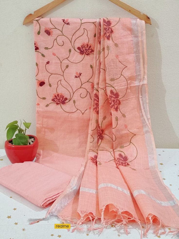 Bhagalpuri Cotton Linen Embroidery Unstitched suit.