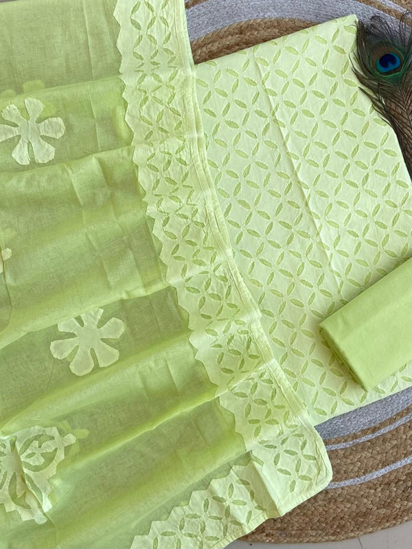 Pure Cotton Applique Work Unstitched Suit With Cotton Applique Work Dupatta .