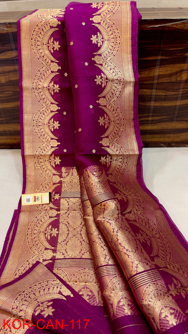 Pure Banarasi Kora Organza Silk Handwoven Zari Work Saree With Silk Mark Certificate ( Length- 6.3 Meter )