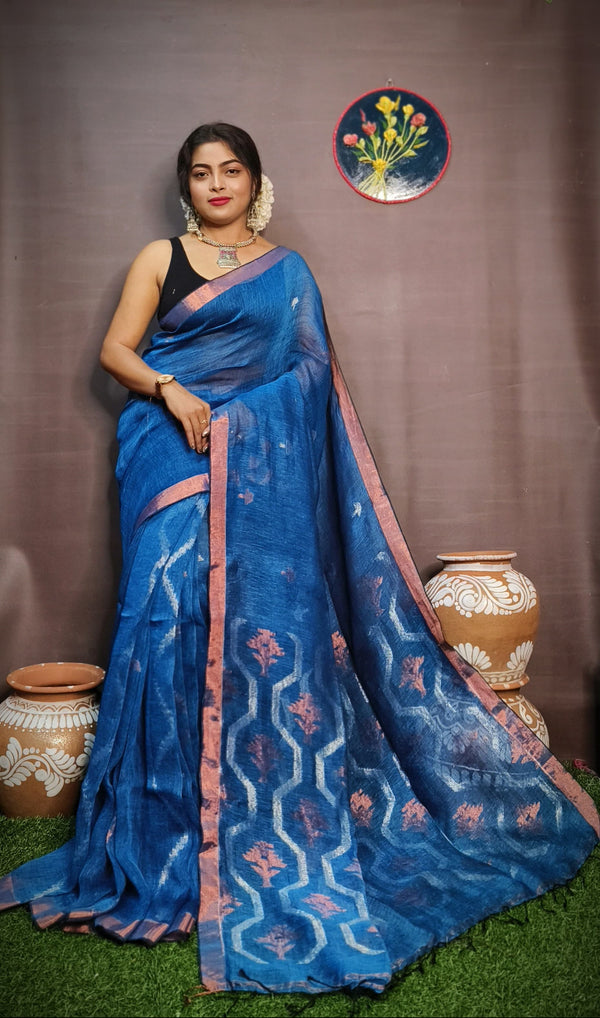 Pure Tissue Linen Silk Weaving Work Saree With Blouse.